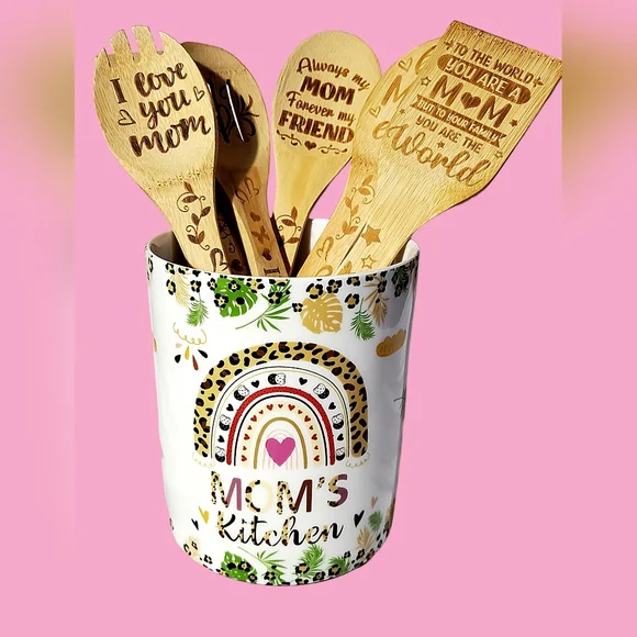 Ceramic Utensil Holder Farmhouse Crock/Wooden Spoons Gift for MOM - Picture 2 of 10